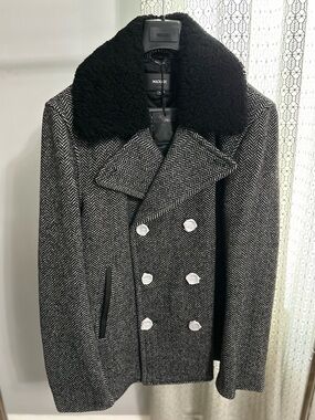 Mackage COLE Wool Double-Breasted Jacket with Shearling Collar in Black-White